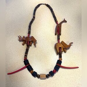 Vtg Tribal African Wood Carved Beaded Animal Giraffe Elephant Rhino Necklace 28"